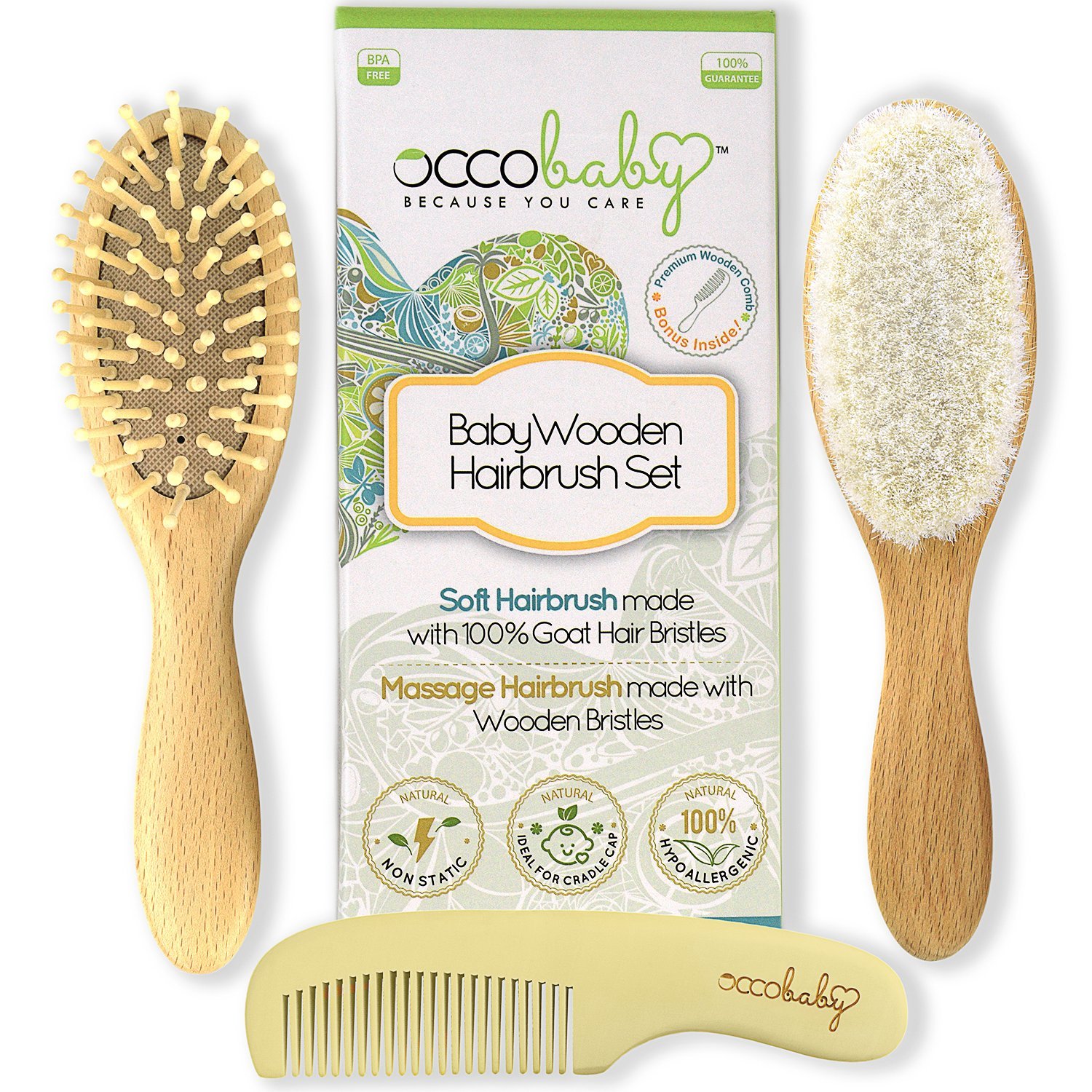 OCCObaby 3-Piece Wooden Best Baby Hair Brush and Comb Set